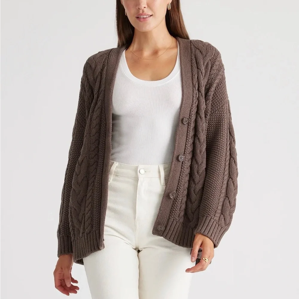 Quince Chunky Cable Knit Button-Front Cardigan - heather brown - Picture 1 of 5